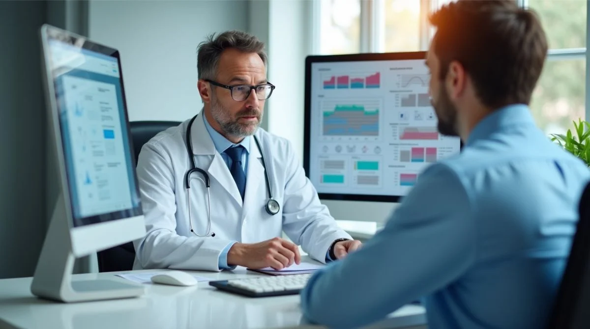 Doctor explaining GCCHMC medical report to a patient in a clinic.