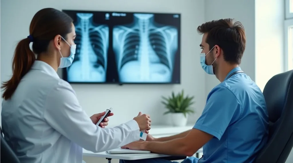 Patient undergoing blood test, urine test, and chest X-ray in a medical clinic.